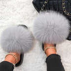 Elegant Indoor Fur Slippers For Women Fur Slides Flip Flops Beach Plush Fluffy Furry Slippers Furry Fuzzy Slides Open Toe Fluffy Slides Fox Fur Feather Sandals Fur Slip On Shoes For Women Stevvex