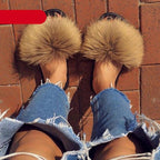 Elegant Indoor Fur Slippers For Women Fur Slides Flip Flops Beach Plush Fluffy Furry Slippers Furry Fuzzy Slides Open Toe Fluffy Slides Fox Fur Feather Sandals Fur Slip On Shoes For Women Stevvex