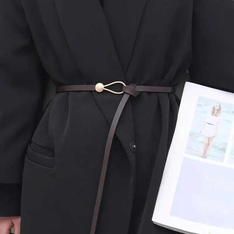 Elegant Leather Adjustable Thin Belt For Women Unique Black Design Ladies Belt High Quality Charming Waistbands For Dress Stevvex