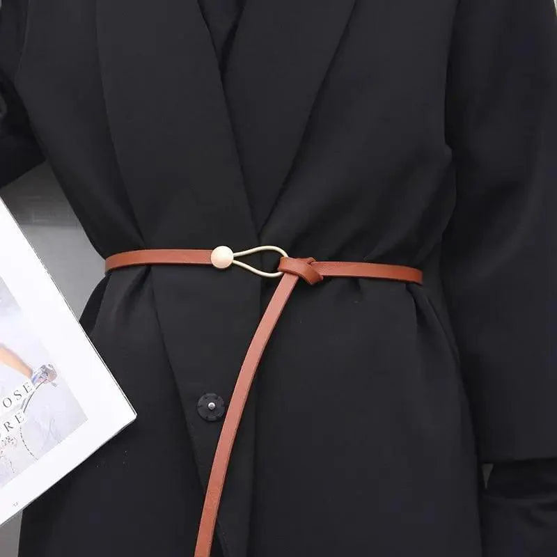 Elegant Leather Adjustable Thin Belt For Women Unique Black Design Ladies Belt High Quality Charming Waistbands For Dress Stevvex
