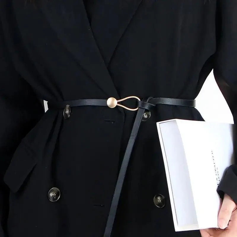 Elegant Leather Adjustable Thin Belt For Women Unique Black Design Ladies Belt High Quality Charming Waistbands For Dress Stevvex