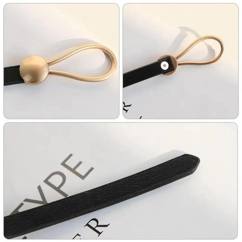Elegant Leather Adjustable Thin Belt For Women Unique Black Design Ladies Belt High Quality Charming Waistbands For Dress Stevvex