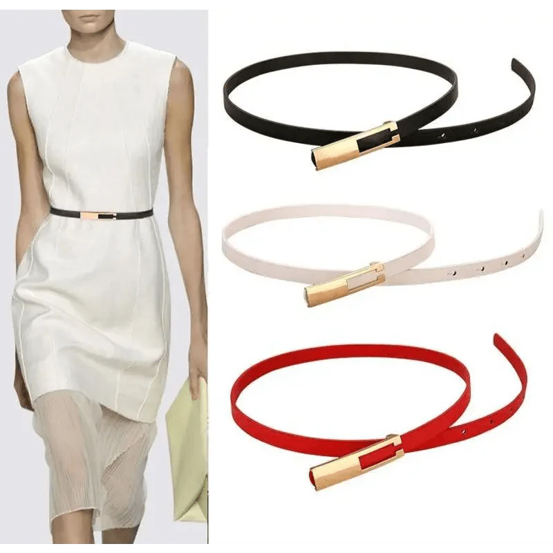Elegant Leather Adjustable Thin Belt For Women Unique Black Design Ladies Belt High Quality Charming Waistbands For Dress Stevvex