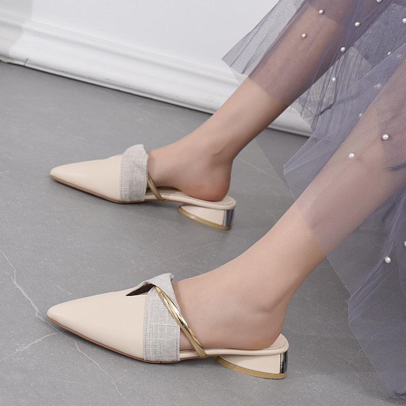 Elegant Low Heel Women Summer Pointed-Toe Slippers Slip On Office Shoes Luxury Women Slip On Comfortable Pointed Toe Womens Loafers Backless Low Heel Slide Slippers Stevvex