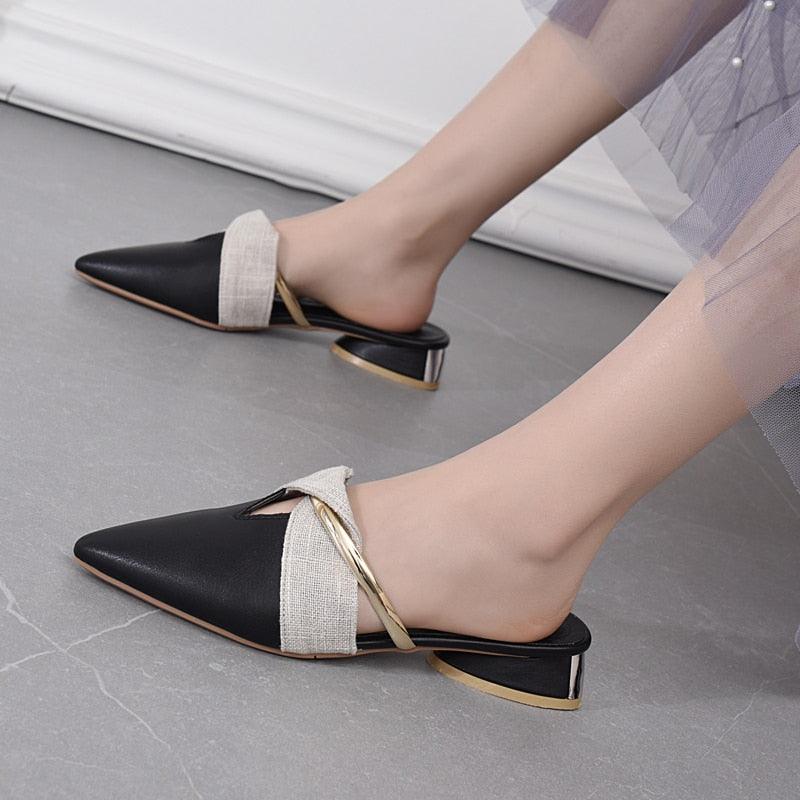 Elegant Low Heel Women Summer Pointed-Toe Slippers Slip On Office Shoes Luxury Women Slip On Comfortable Pointed Toe Womens Loafers Backless Low Heel Slide Slippers Stevvex