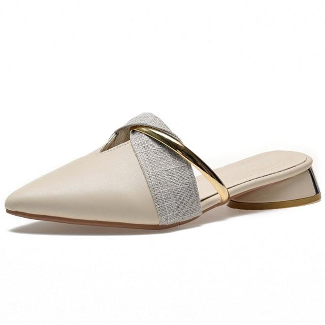 Elegant Low Heel Women Summer Pointed-Toe Slippers Slip On Office Shoes Luxury Women Slip On Comfortable Pointed Toe Womens Loafers Backless Low Heel Slide Slippers Stevvex