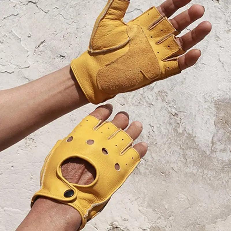 Elegant Men Leather Fingerless Gloves Yellow Cool Stylish Design Comfortable Gloves For Men Stevvex