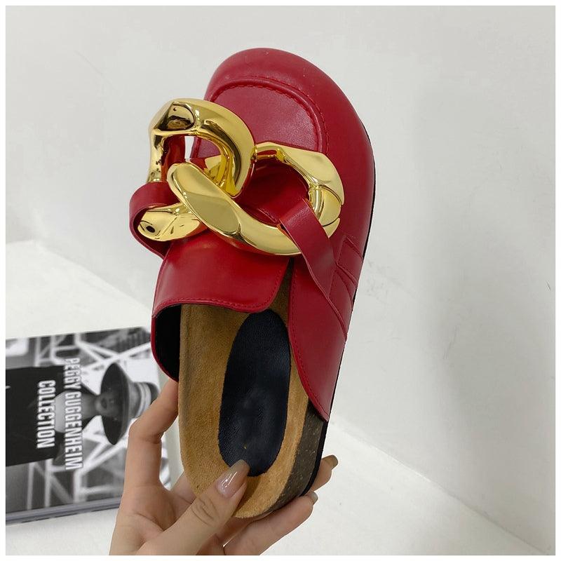 Elegant Metal Chain Design Women Slipper Closed Toe Slip On Shoes Round Toe Low Heels Casual Slides Shoes Flats Loafer Gold Chain Casual Shoes Slip On Women's Slide Sandals Slipers Stevvex