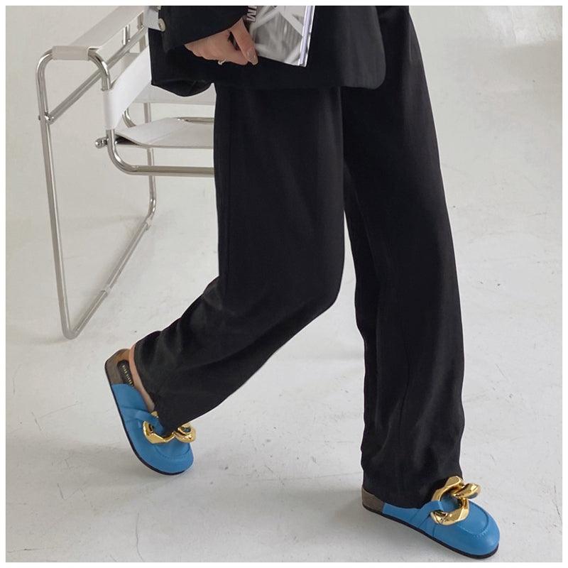 Elegant Metal Chain Design Women Slipper Closed Toe Slip On Shoes Round Toe Low Heels Casual Slides Shoes Flats Loafer Gold Chain Casual Shoes Slip On Women's Slide Sandals Slipers Stevvex