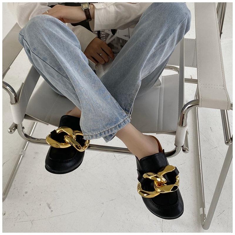 Elegant Metal Chain Design Women Slipper Closed Toe Slip On Shoes Round Toe Low Heels Casual Slides Shoes Flats Loafer Gold Chain Casual Shoes Slip On Women's Slide Sandals Slipers Stevvex