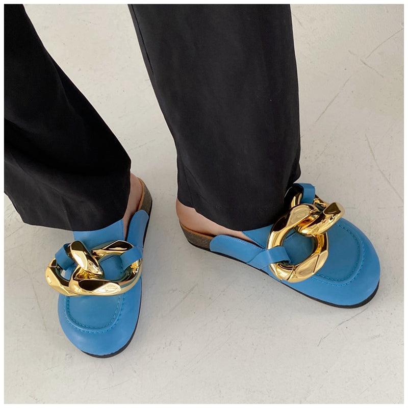 Elegant Metal Chain Design Women Slipper Closed Toe Slip On Shoes Round Toe Low Heels Casual Slides Shoes Flats Loafer Gold Chain Casual Shoes Slip On Women's Slide Sandals Slipers Stevvex