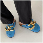 Elegant Metal Chain Design Women Slipper Closed Toe Slip On Shoes Round Toe Low Heels Casual Slides Shoes Flats Loafer Gold Chain Casual Shoes Slip On Women's Slide Sandals Slipers Stevvex
