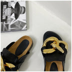 Elegant Metal Chain Design Women Slipper Closed Toe Slip On Shoes Round Toe Low Heels Casual Slides Shoes Flats Loafer Gold Chain Casual Shoes Slip On Women's Slide Sandals Slipers Stevvex