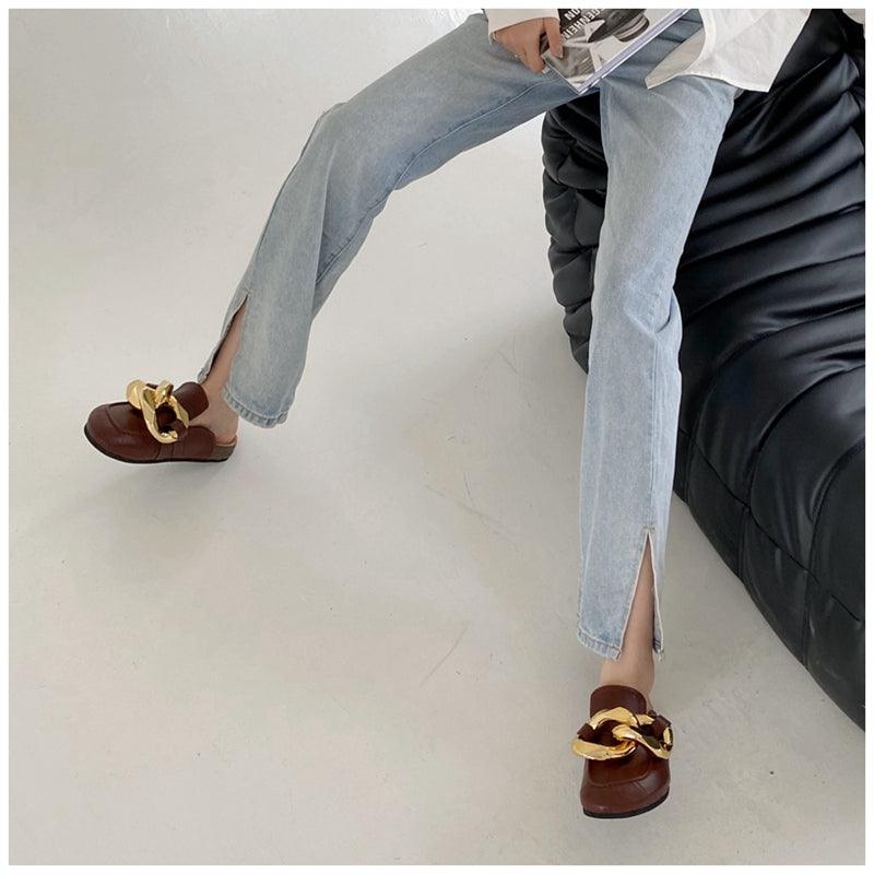 Elegant Metal Chain Design Women Slipper Closed Toe Slip On Shoes Round Toe Low Heels Casual Slides Shoes Flats Loafer Gold Chain Casual Shoes Slip On Women's Slide Sandals Slipers Stevvex