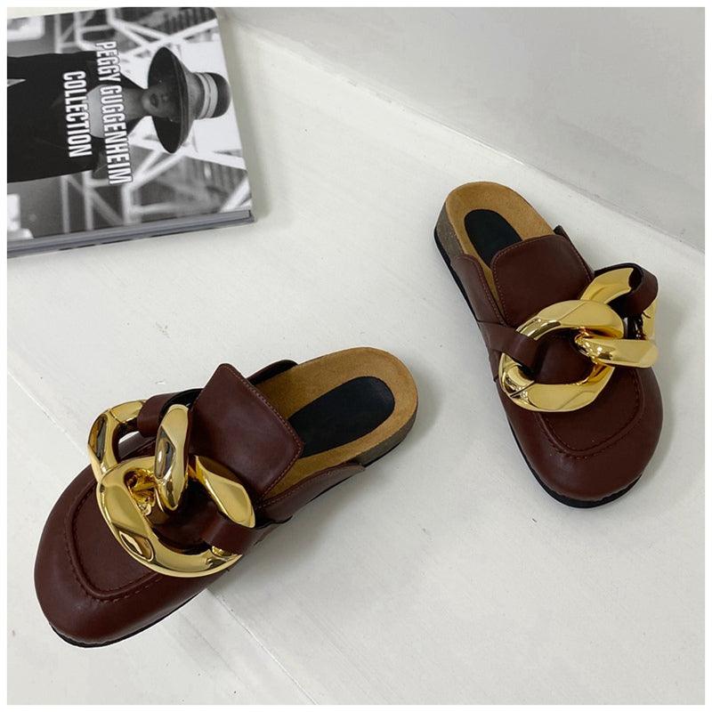 Elegant Metal Chain Design Women Slipper Closed Toe Slip On Shoes Round Toe Low Heels Casual Slides Shoes Flats Loafer Gold Chain Casual Shoes Slip On Women's Slide Sandals Slipers Stevvex