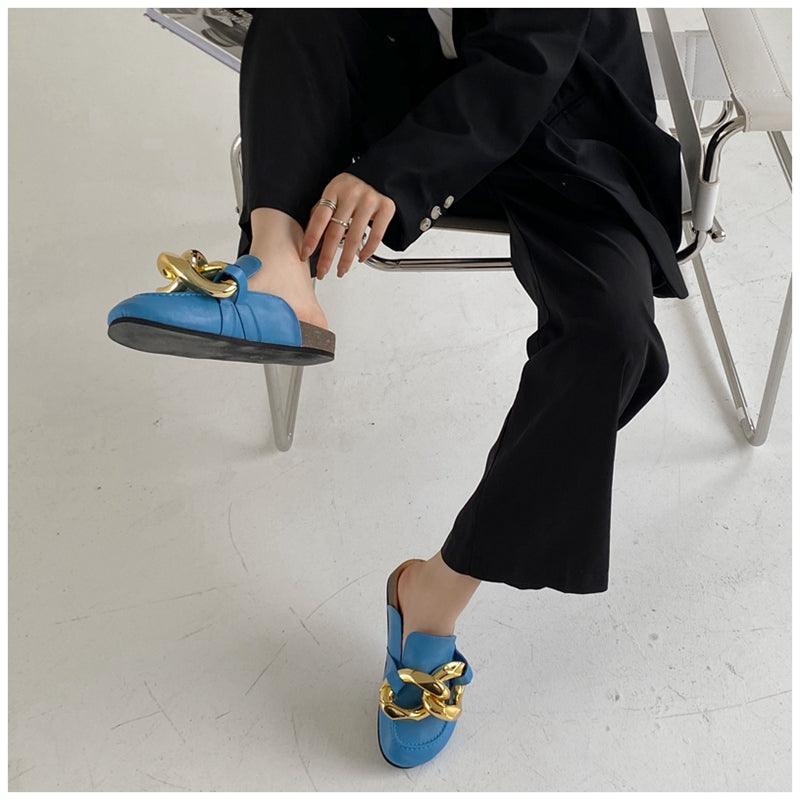 Elegant Metal Chain Design Women Slipper Closed Toe Slip On Shoes Round Toe Low Heels Casual Slides Shoes Flats Loafer Gold Chain Casual Shoes Slip On Women's Slide Sandals Slipers Stevvex