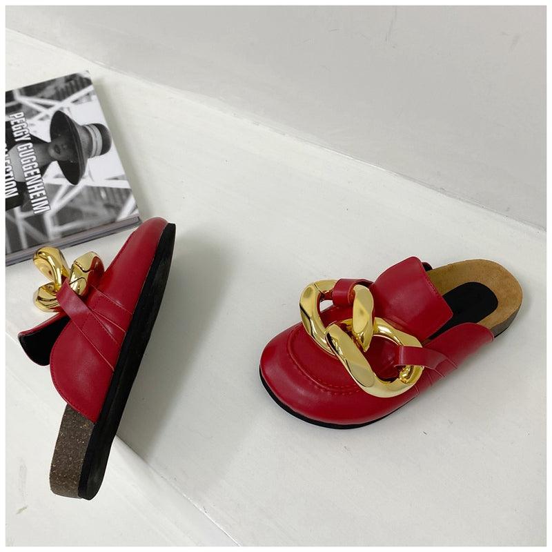 Elegant Metal Chain Design Women Slipper Closed Toe Slip On Shoes Round Toe Low Heels Casual Slides Shoes Flats Loafer Gold Chain Casual Shoes Slip On Women's Slide Sandals Slipers Stevvex