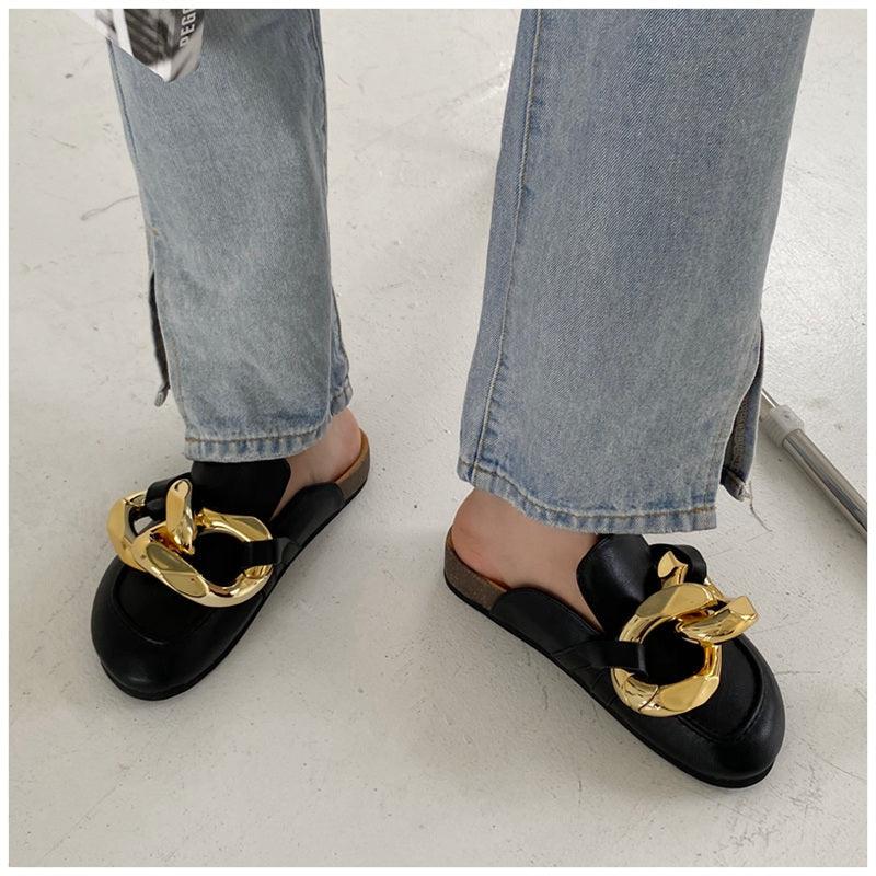 Elegant Metal Chain Design Women Slipper Closed Toe Slip On Shoes Round Toe Low Heels Casual Slides Shoes Flats Loafer Gold Chain Casual Shoes Slip On Women's Slide Sandals Slipers Stevvex