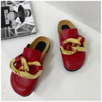 Elegant Metal Chain Design Women Slipper Closed Toe Slip On Shoes Round Toe Low Heels Casual Slides Shoes Flats Loafer Gold Chain Casual Shoes Slip On Women's Slide Sandals Slipers Stevvex