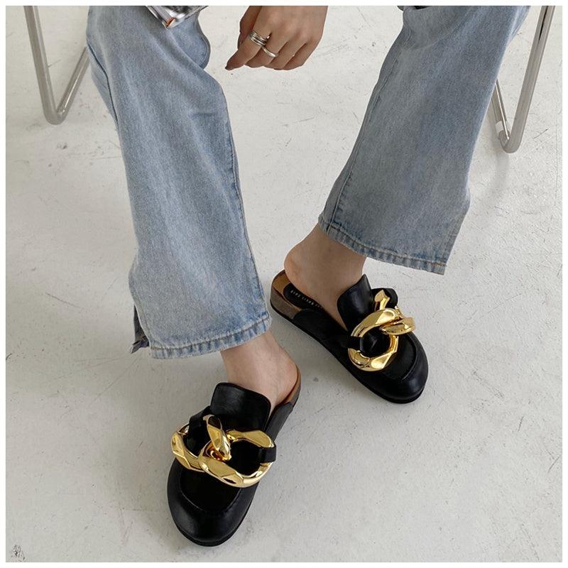 Elegant Metal Chain Design Women Slipper Closed Toe Slip On Shoes Round Toe Low Heels Casual Slides Shoes Flats Loafer Gold Chain Casual Shoes Slip On Women's Slide Sandals Slipers Stevvex