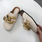 Elegant Metal Chain Design Women Slipper Closed Toe Slip On Shoes Round Toe Low Heels Casual Slides Shoes Flats Loafer Gold Chain Casual Shoes Slip On Women's Slide Sandals Slipers Stevvex