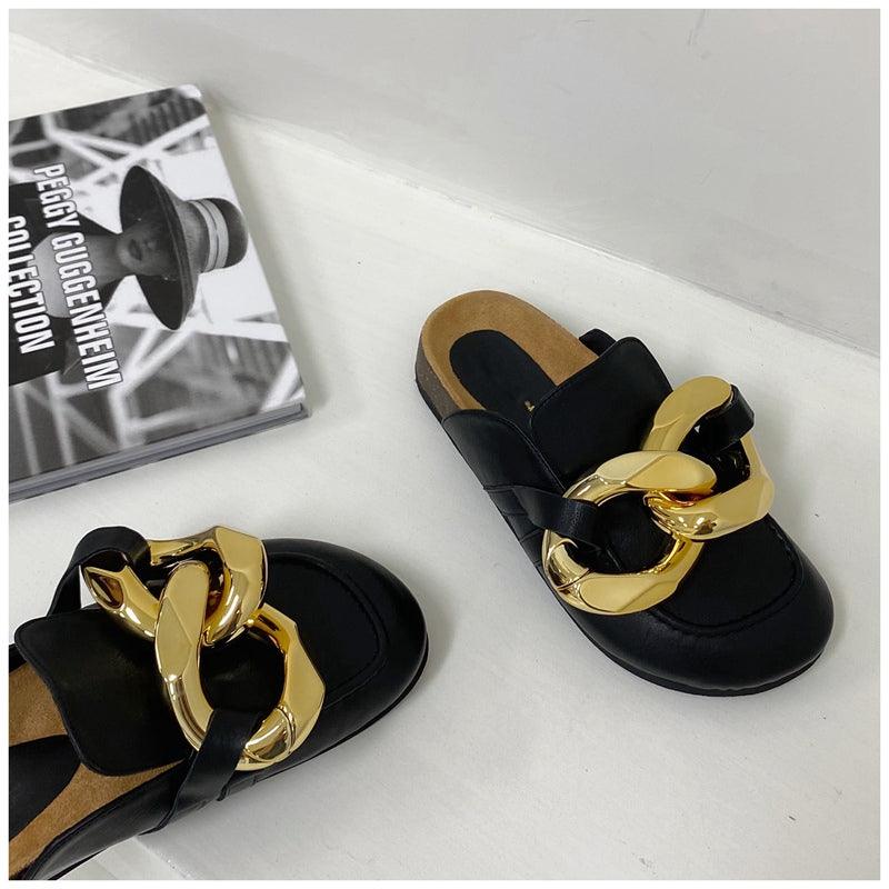 Elegant Metal Chain Design Women Slipper Closed Toe Slip On Shoes Round Toe Low Heels Casual Slides Shoes Flats Loafer Gold Chain Casual Shoes Slip On Women's Slide Sandals Slipers Stevvex