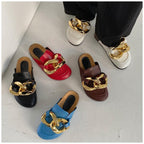 Elegant Metal Chain Design Women Slipper Closed Toe Slip On Shoes Round Toe Low Heels Casual Slides Shoes Flats Loafer Gold Chain Casual Shoes Slip On Women's Slide Sandals Slipers Stevvex