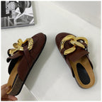 Elegant Metal Chain Design Women Slipper Closed Toe Slip On Shoes Round Toe Low Heels Casual Slides Shoes Flats Loafer Gold Chain Casual Shoes Slip On Women's Slide Sandals Slipers Stevvex