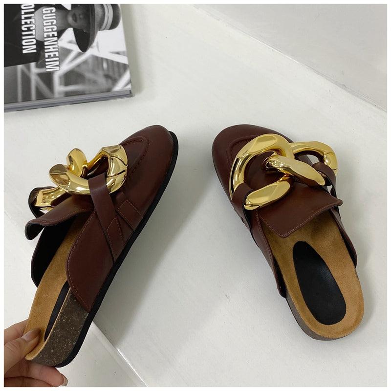 Elegant Metal Chain Design Women Slipper Closed Toe Slip On Shoes Round Toe Low Heels Casual Slides Shoes Flats Loafer Gold Chain Casual Shoes Slip On Women's Slide Sandals Slipers Stevvex