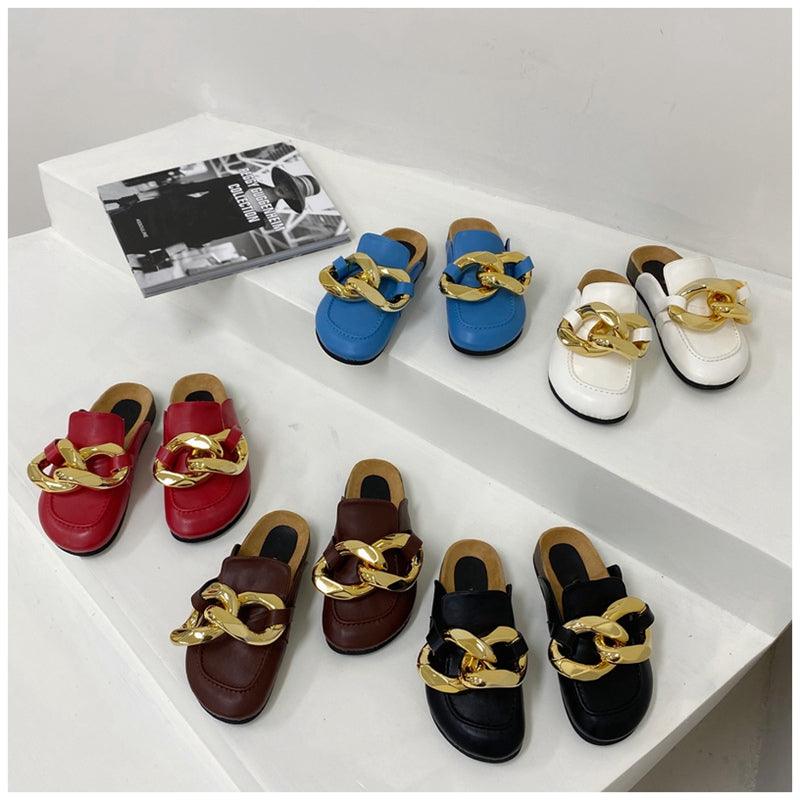 Elegant Metal Chain Design Women Slipper Closed Toe Slip On Shoes Round Toe Low Heels Casual Slides Shoes Flats Loafer Gold Chain Casual Shoes Slip On Women's Slide Sandals Slipers Stevvex