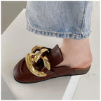 Elegant Metal Chain Design Women Slipper Closed Toe Slip On Shoes Round Toe Low Heels Casual Slides Shoes Flats Loafer Gold Chain Casual Shoes Slip On Women's Slide Sandals Slipers Stevvex