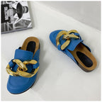 Elegant Metal Chain Design Women Slipper Closed Toe Slip On Shoes Round Toe Low Heels Casual Slides Shoes Flats Loafer Gold Chain Casual Shoes Slip On Women's Slide Sandals Slipers Stevvex