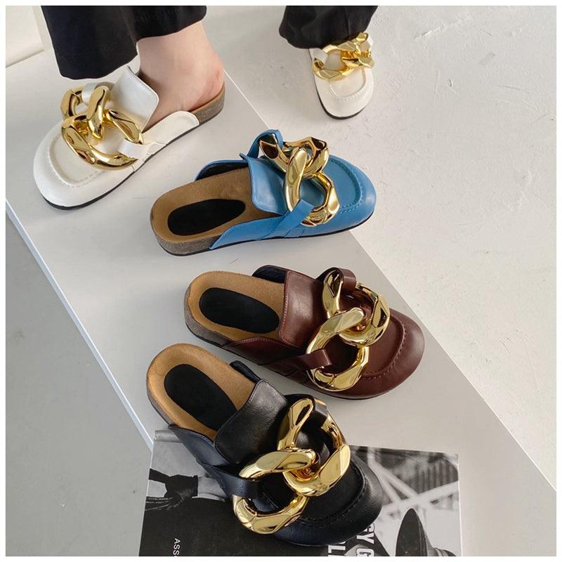 Elegant Metal Chain Design Women Slipper Closed Toe Slip On Shoes Round Toe Low Heels Casual Slides Shoes Flats Loafer Gold Chain Casual Shoes Slip On Women's Slide Sandals Slipers Stevvex