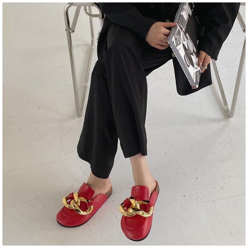 Elegant Metal Chain Design Women Slipper Closed Toe Slip On Shoes Round Toe Low Heels Casual Slides Shoes Flats Loafer Gold Chain Casual Shoes Slip On Women's Slide Sandals Slipers Stevvex
