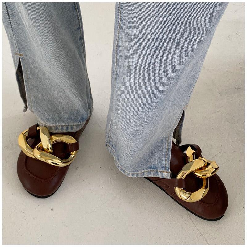 Elegant Metal Chain Design Women Slipper Closed Toe Slip On Shoes Round Toe Low Heels Casual Slides Shoes Flats Loafer Gold Chain Casual Shoes Slip On Women's Slide Sandals Slipers Stevvex