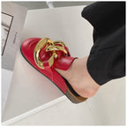 Elegant Metal Chain Design Women Slipper Closed Toe Slip On Shoes Round Toe Low Heels Casual Slides Shoes Flats Loafer Gold Chain Casual Shoes Slip On Women's Slide Sandals Slipers Stevvex