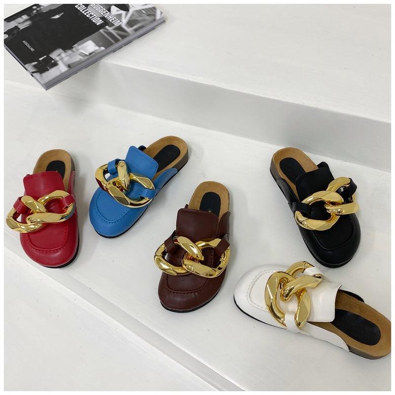 Elegant Metal Chain Design Women Slipper Closed Toe Slip On Shoes Round Toe Low Heels Casual Slides Shoes Flats Loafer Gold Chain Casual Shoes Slip On Women's Slide Sandals Slipers Stevvex