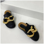 Elegant Metal Chain Design Women Slipper Closed Toe Slip On Shoes Round Toe Low Heels Casual Slides Shoes Flats Loafer Gold Chain Casual Shoes Slip On Women's Slide Sandals Slipers Stevvex