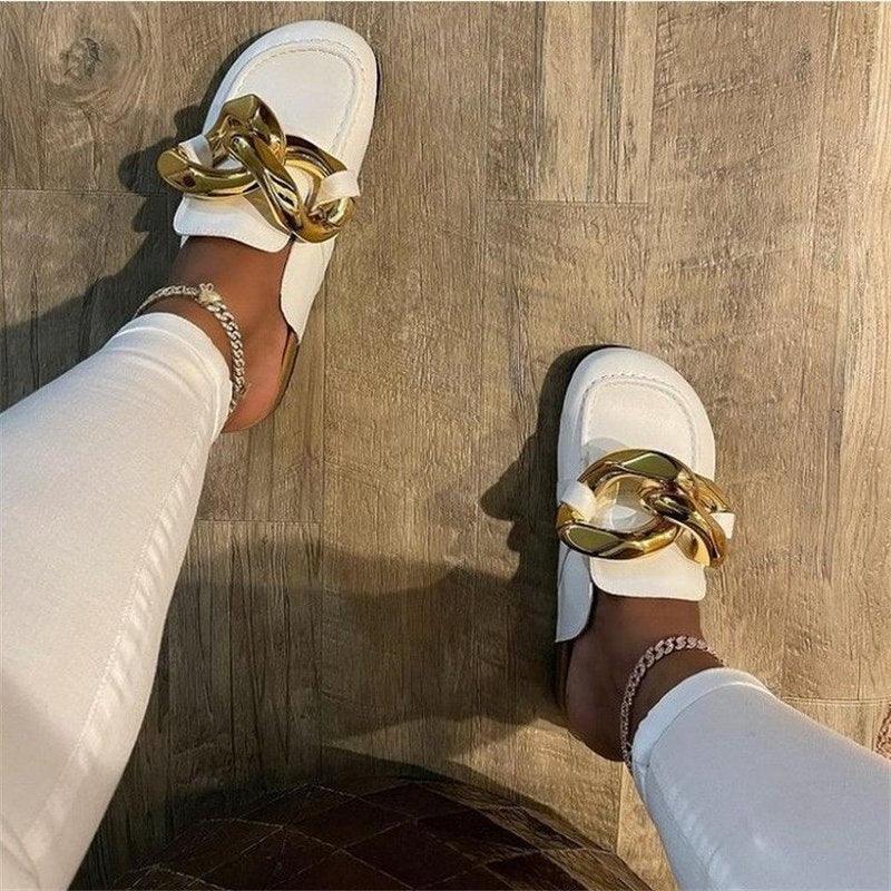 Elegant Metal Chain Design Women Slipper Closed Toe Slip On Shoes Round Toe Low Heels Casual Slides Shoes Flats Loafer Gold Chain Casual Shoes Slip On Women's Slide Sandals Slipers Stevvex