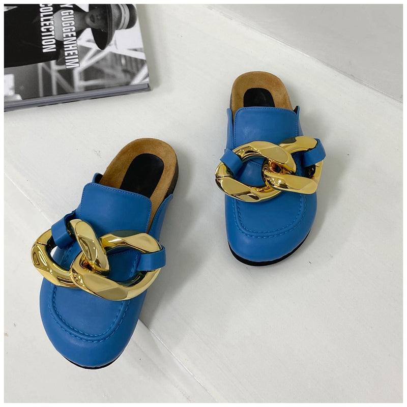 Elegant Metal Chain Design Women Slipper Closed Toe Slip On Shoes Round Toe Low Heels Casual Slides Shoes Flats Loafer Gold Chain Casual Shoes Slip On Women's Slide Sandals Slipers Stevvex