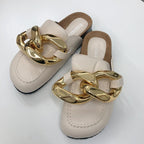 Elegant Metal Chain Design Women Slipper Closed Toe Slip On Shoes Round Toe Low Heels Casual Slides Shoes Flats Loafer Gold Chain Casual Shoes Slip On Women's Slide Sandals Slipers Stevvex