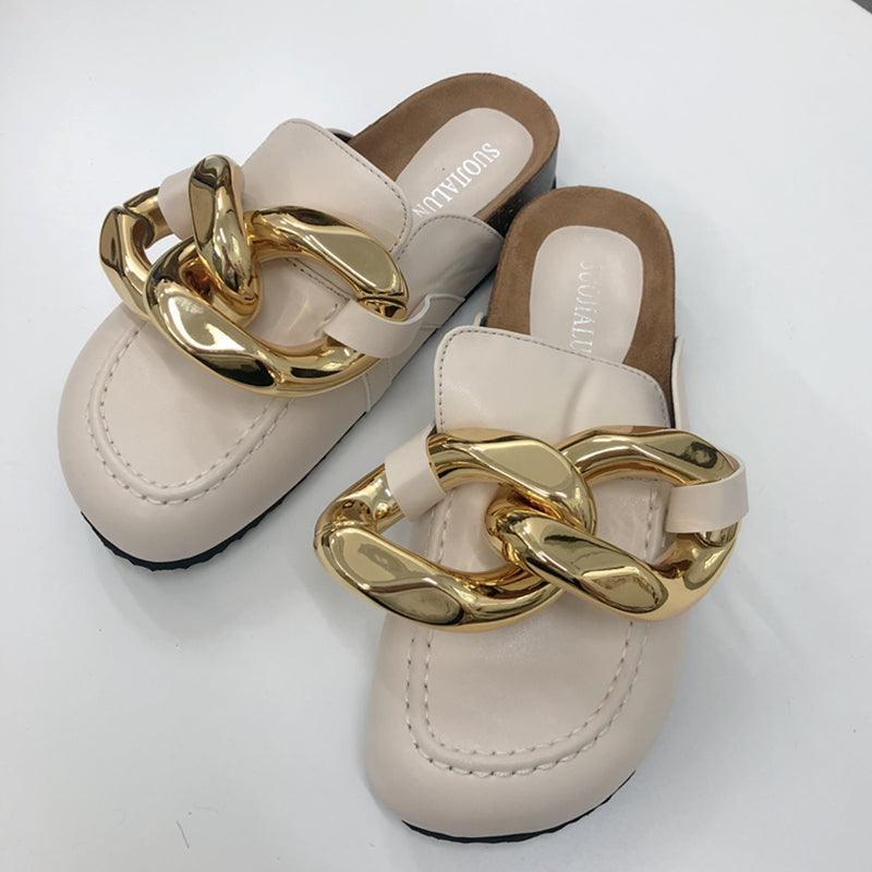 Elegant Metal Chain Design Women Slipper Closed Toe Slip On Shoes Round Toe Low Heels Casual Slides Shoes Flats Loafer Gold Chain Casual Shoes Slip On Women's Slide Sandals Slipers Stevvex