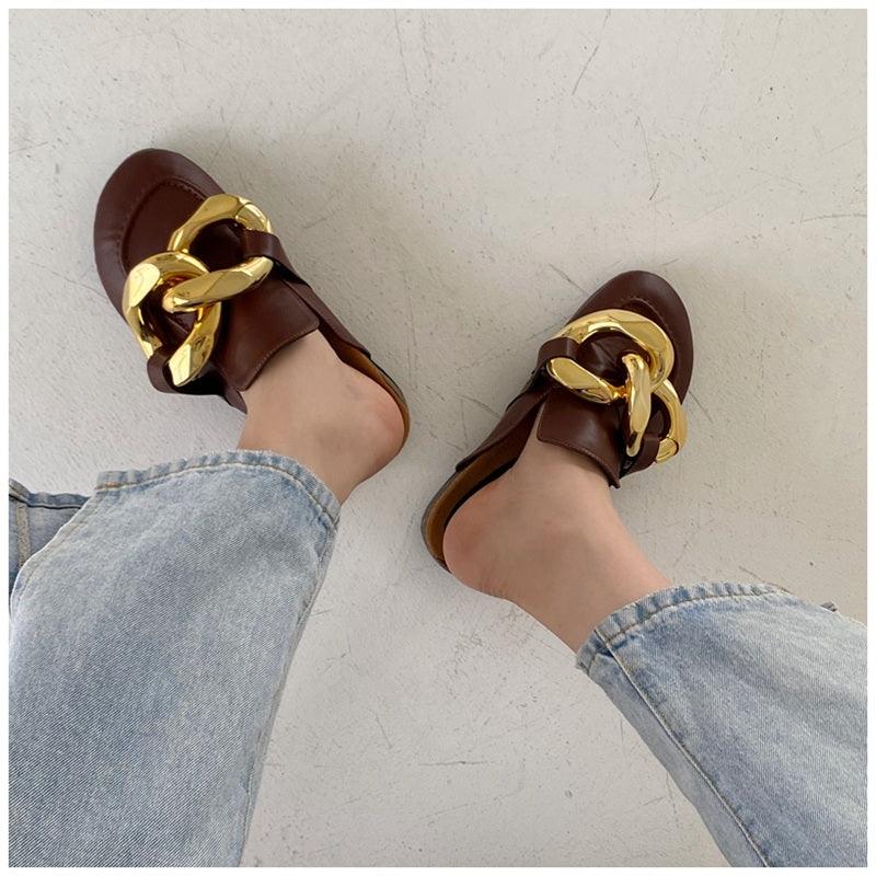Elegant Metal Chain Design Women Slipper Closed Toe Slip On Shoes Round Toe Low Heels Casual Slides Shoes Flats Loafer Gold Chain Casual Shoes Slip On Women's Slide Sandals Slipers Stevvex