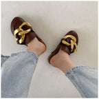 Elegant Metal Chain Design Women Slipper Closed Toe Slip On Shoes Round Toe Low Heels Casual Slides Shoes Flats Loafer Gold Chain Casual Shoes Slip On Women's Slide Sandals Slipers Stevvex