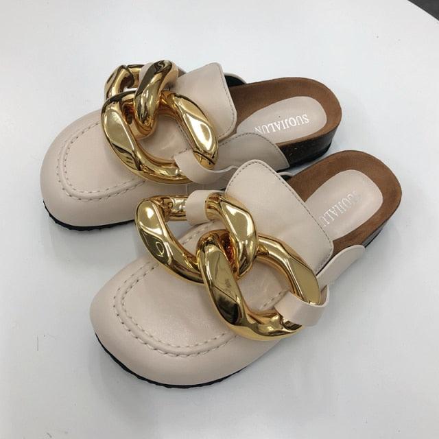 Elegant Metal Chain Design Women Slipper Closed Toe Slip On Shoes Round Toe Low Heels Casual Slides Shoes Flats Loafer Gold Chain Casual Shoes Slip On Women's Slide Sandals Slipers Stevvex
