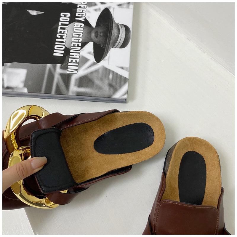 Elegant Metal Chain Design Women Slipper Closed Toe Slip On Shoes Round Toe Low Heels Casual Slides Shoes Flats Loafer Gold Chain Casual Shoes Slip On Women's Slide Sandals Slipers Stevvex