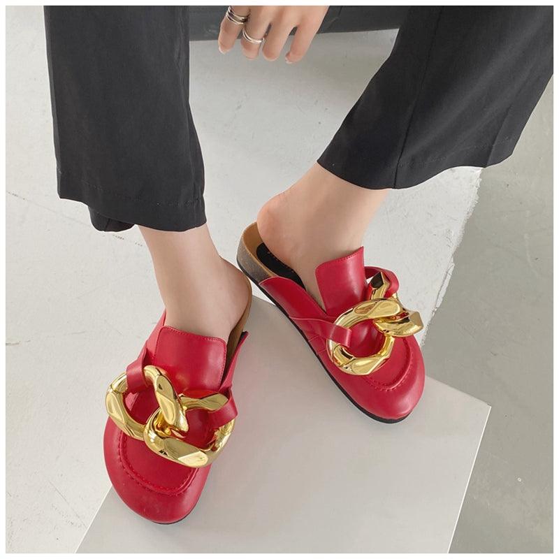 Elegant Metal Chain Design Women Slipper Closed Toe Slip On Shoes Round Toe Low Heels Casual Slides Shoes Flats Loafer Gold Chain Casual Shoes Slip On Women's Slide Sandals Slipers Stevvex