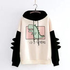 Elegant Oversized Hoodies Women Fashion Splice Dinosaur Print Sweatshirt Tops Casual Long Sleeve Clothes casualSpring Autumn Long Sleeve Dinosaur Sweatshirt Cartoon Design Cute Hoodies for Teens Girls Stevvex