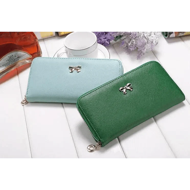 Elegant PU Leather Pink Bowknot Women Long Wallet Fashion Color Purse Phone Card Holder Women Trendy Large Capacity Long Purse Stevvex