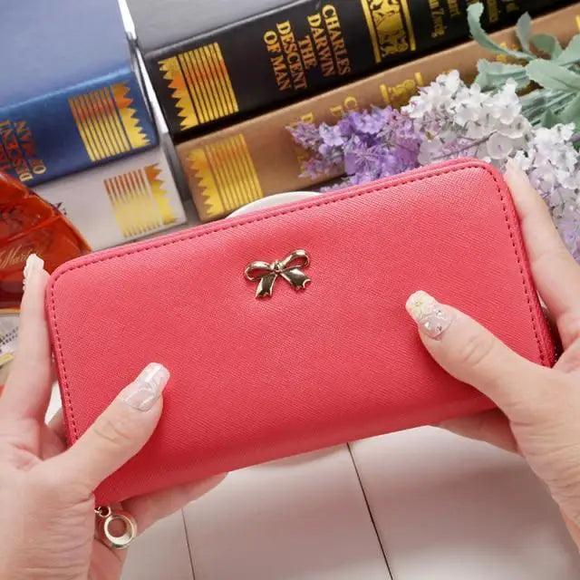 Elegant PU Leather Pink Bowknot Women Long Wallet Fashion Color Purse Phone Card Holder Women Trendy Large Capacity Long Purse Stevvex